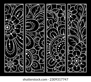 Druckbares Lesezeichen für Buchfärbung. Set von Schwarzweiß-Etiketten mit floralen Mustern, handgezeichnet im technischen Stil. Skizze von Ornamenten für die Kreativität von Kindern und Erwachsenen mit farbigen Bleistiften.