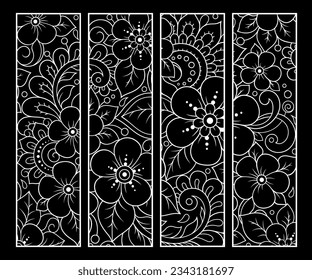 Marcador impresable para libro - coloreado. Etiquetas en blanco y negro con motivos florales, dibujando a mano en estilo mehndi. Esbozo de ornamentos para la creatividad de niños y adultos con lápices de colores.