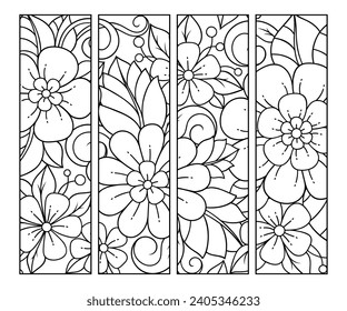 Marcador impresable para libro - coloreado. Etiquetas en blanco y negro con motivos florales, dibujando a mano en estilo mehndi. Esbozo de ornamentos para la creatividad de niños y adultos con lápices de colores.