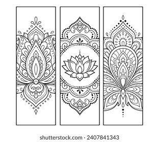 Marcador impresable para libro - coloreado. Etiquetas en blanco y negro con motivos florales, dibujando a mano en estilo mehndi. Esbozo de ornamentos para la creatividad de niños y adultos con lápices de colores.