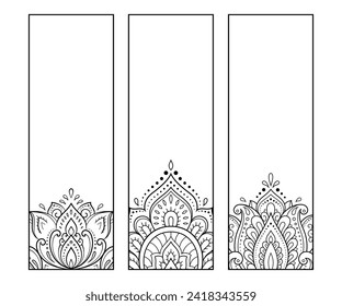 Printable bookmark for book - coloring. Set of black and white labels with flower patterns, hand draw in mehndi style. Sketch of ornaments for creativity of children and adults with colored pencils.