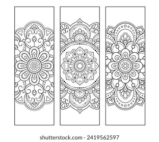 Printable bookmark for book - coloring. Set of black and white labels with flower patterns, hand draw in mehndi style. Sketch of ornaments for creativity of children and adults with colored pencils.