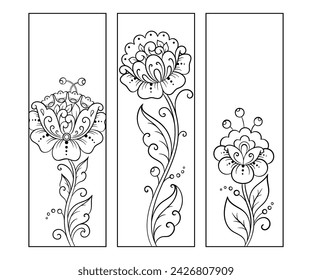 Printable bookmark for book - coloring. Set of black and white labels with flower patterns, hand draw in mehndi style. Sketch of ornaments for creativity of children and adults with colored pencils.