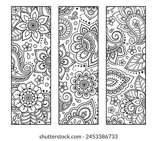 Printable bookmark for book - coloring. Set of black and white labels with flower patterns, hand draw in mehndi style. Sketch of ornaments for creativity of children and adults with colored pencils.