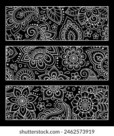 Printable bookmark for book - coloring. Set of black and white labels with flower patterns, hand draw in mehndi style. Sketch of ornaments for creativity of children and adults with colored pencils.