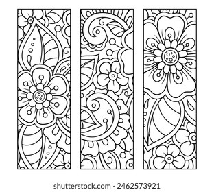 Druckbares Lesezeichen für Buch - Färbung. Set von schwarzen und weißen Etiketten mit Blumenmustern, Handzeichnung im Mehndi-Stil. Skizze von Ornamenten für die Kreativität von Kindern und Erwachsenen mit Buntstiften.