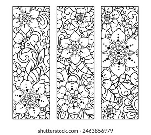 Printable bookmark for book - coloring. Set of black and white labels with flower patterns, hand draw in mehndi style. Sketch of ornaments for creativity of children and adults with colored pencils.