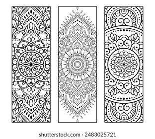 Druckbares Lesezeichen für Buch - Färbung. Set von schwarzen und weißen Etiketten mit Blumenmustern, Handzeichnung im Mehndi-Stil. Skizze von Ornamenten für die Kreativität von Kindern und Erwachsenen mit Buntstiften.