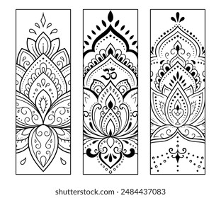 Printable bookmark for book - coloring. Set of black and white labels with flower patterns, hand draw in mehndi style. Sketch of ornaments for creativity of children and adults with colored pencils.