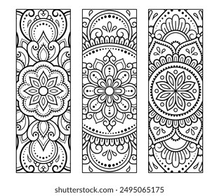 Printable bookmark for book - coloring. Set of black and white labels with flower patterns, hand draw in mehndi style. Sketch of ornaments for creativity of children and adults with colored pencils.