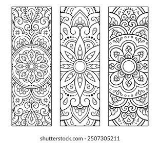 Printable bookmark for book - coloring. Set of black and white labels with flower patterns, hand draw in mehndi style. Sketch of ornaments for creativity of children and adults with colored pencils.