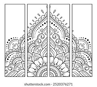 Marcador imprimible para libro - colorear. Conjunto de etiquetas en blanco y negro con patrones de flores, dibujo a mano en estilo mehndi. Boceto de adornos para la creatividad de niños y adultos con lápices de colores.