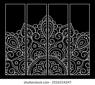 Printable bookmark for book - coloring. Set of black and white labels with flower patterns, hand draw in mehndi style. Sketch of ornaments for creativity of children and adults with colored pencils.