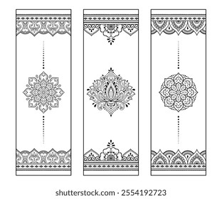 Printable bookmark for book - coloring. Set of black and white labels with flower patterns, hand draw in mehndi style. Sketch of ornaments for creativity of children and adults with colored pencils.