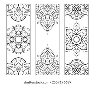 Printable bookmark for book - coloring. Set of black and white labels with flower patterns, hand draw in mehndi style. Sketch of ornaments for creativity of children and adults with colored pencils.