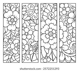 Printable bookmark for book - coloring. Set of black and white labels with flower patterns, hand draw in mehndi style. Sketch of ornaments for creativity of children and adults with colored pencils.