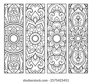 Printable bookmark for book - coloring. Set of black and white labels with flower patterns, hand draw in mehndi style. Sketch of ornaments for creativity of children and adults with colored pencils.