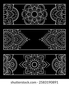 Printable bookmark for book - coloring. Set of black and white labels with flower patterns, hand draw in mehndi style. Sketch of ornaments for creativity of children and adults with colored pencils.