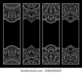 Printable bookmark for book - coloring. Set of black and white labels with flower patterns, hand draw in mehndi style. Sketch of ornaments for creativity of children and adults with colored pencils.