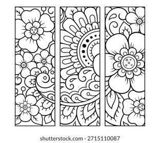 Marcador imprimible para libro - colorear. Conjunto de etiquetas en blanco y negro con patrones de flores, dibujo a mano en estilo mehndi. Boceto de adornos para la creatividad de niños y adultos con lápices de colores.