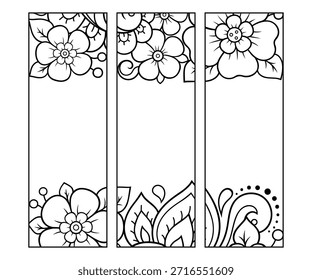 Marcador imprimible para libro - colorear. Conjunto de etiquetas en blanco y negro con patrones de flores, dibujo a mano en estilo mehndi. Boceto de adornos para la creatividad de niños y adultos con lápices de colores.