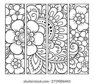 Marcador imprimible para libro - colorear. Conjunto de etiquetas en blanco y negro con patrones de flores, dibujo a mano en estilo mehndi. Boceto de adornos para la creatividad de niños y adultos con lápices de colores.