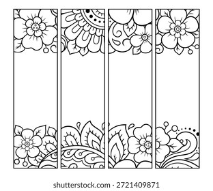 Marcador imprimible para libro - colorear. Conjunto de etiquetas en blanco y negro con patrones de flores, dibujo a mano en estilo mehndi. Boceto de adornos para la creatividad de niños y adultos con lápices de colores.