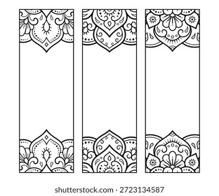 Marcador imprimible para libro - colorear. Conjunto de etiquetas en blanco y negro con patrones de flores, dibujo a mano en estilo mehndi. Boceto de adornos para la creatividad de niños y adultos con lápices de colores.