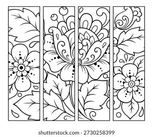 Printable bookmark for book - coloring. Set of black and white labels with flower patterns, hand draw in mehndi style. Sketch of ornaments for creativity of children and adults with colored pencils.