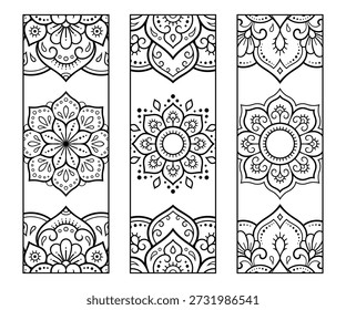 Printable bookmark for book - coloring. Set of black and white labels with flower patterns, hand draw in mehndi style. Sketch of ornaments for creativity of children and adults with colored pencils.