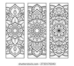 Printable bookmark for book - coloring. Set of black and white labels with flower patterns, hand draw in mehndi style. Sketch of ornaments for creativity of children and adults with colored pencils.