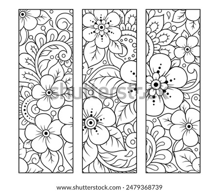Printable bookmark for book - coloring. Set of black and white labels with flower patterns, hand draw in mehndi style. Sketch of ornaments for creativity of children and adults with colored pencils.