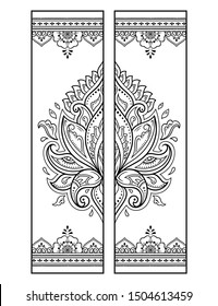 Printable bookmark  - coloring. Set of black and white labels with lotus flower patterns, hand draw in mehndi style. Sketch of ornaments for creativity of children and adults with colored pencils.