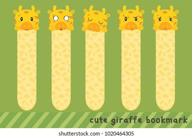 Printable bookmark template. Cute giraffe with different expressions, bookmark vector.
