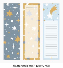 Printable bookmarks or banners with little hand drawn stars. Stamp textured template with place for notes. Vector illustration in scandinavian style