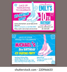 Printable boy and girl ice skating birthday party invitation cards