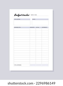 Printable budget tracker. Template for keeping track of personal expenses.