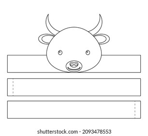 Printable bull paper crown. Diy cut party ribbon template for birthday, christmas, baby shower. Fun accessory for entertainment. Print, color, cut and glue. Vector stock illustration.