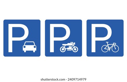 Printable bundle set rectangle blue simple parking sign for car, motorcycle, bike and bicycle