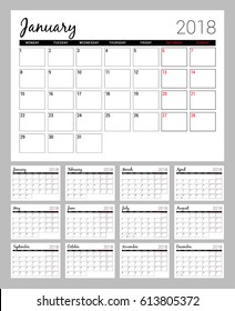Printable calendar for 2018 year. Planner design template. Week starts on Monday. Stationery design
