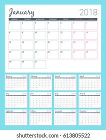 Printable calendar for 2018 year. Planner design template. Week starts on Monday. Stationery design