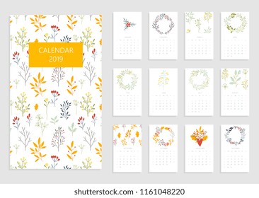 Printable calendar 2019. Beautiful botanical calendar with romantic seasonal wreaths in yellow, green and blue colors. Redy to print. 