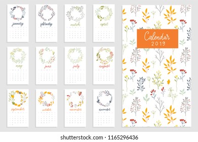 Printable calendar 2019. Beautiful botanical calendar with romantic seasonal wreaths in yellow, green and blue colors. Redy to print