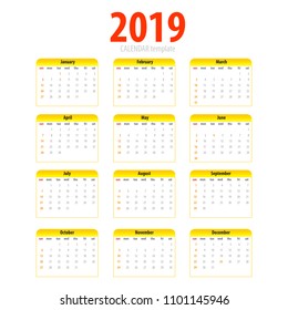 Printable calendar 2019 simple template. Halftone pop art. Yellow pig colors Eastern new year. Year, month week day business planner schedule. Modern number grid. Isolated vector illustration.