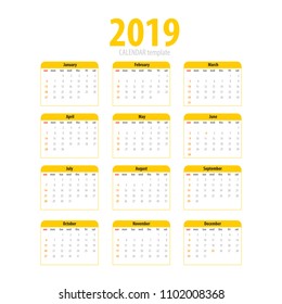 Printable calendar 2019 simple template. Yellow pig colors Eastern new year. Year, month week day business planner schedule. Modern number grid. Isolated vector illustration.