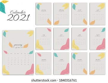 Printable Calendar 2021 Design .Diary Calendar. A5 size calendar, in gray and leaf element , Week Starts Sunday.