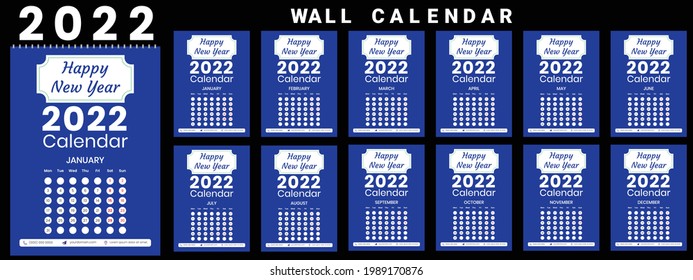 Printable calendar 2022, Wall calendar, week starts on monday, stationery design, organizer office, calendar 2022 with holidays, planner design, vector.