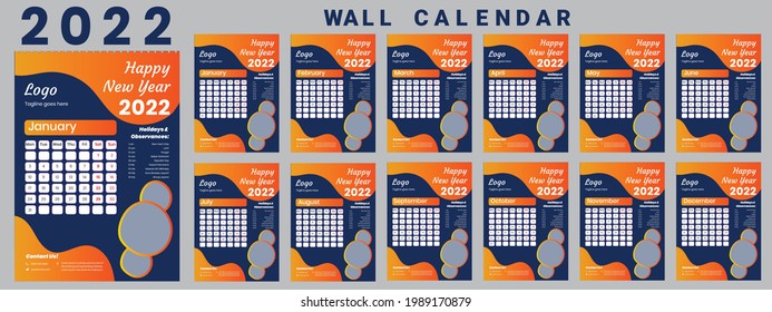 Printable calendar 2022, Wall calendar, week starts on monday, stationery design, organizer office, calendar 2022 with holidays, planner design, vector.
