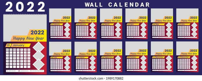 Printable calendar 2022, Wall calendar, week starts on monday, stationery design, organizer office, calendar 2022 with holidays, planner design, vector.
