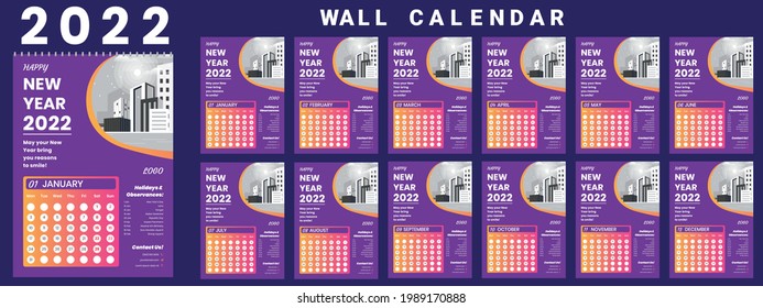 Printable calendar 2022, Wall calendar, week starts on monday, stationery design, organizer office, calendar 2022 with holidays, planner design, vector.